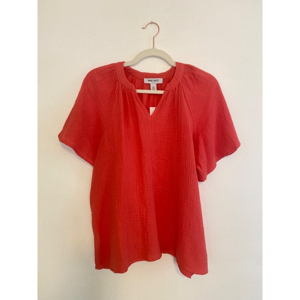 Nine West Women’s Coral Short-Sleeve Textured Gauzy Cotton Top Size S